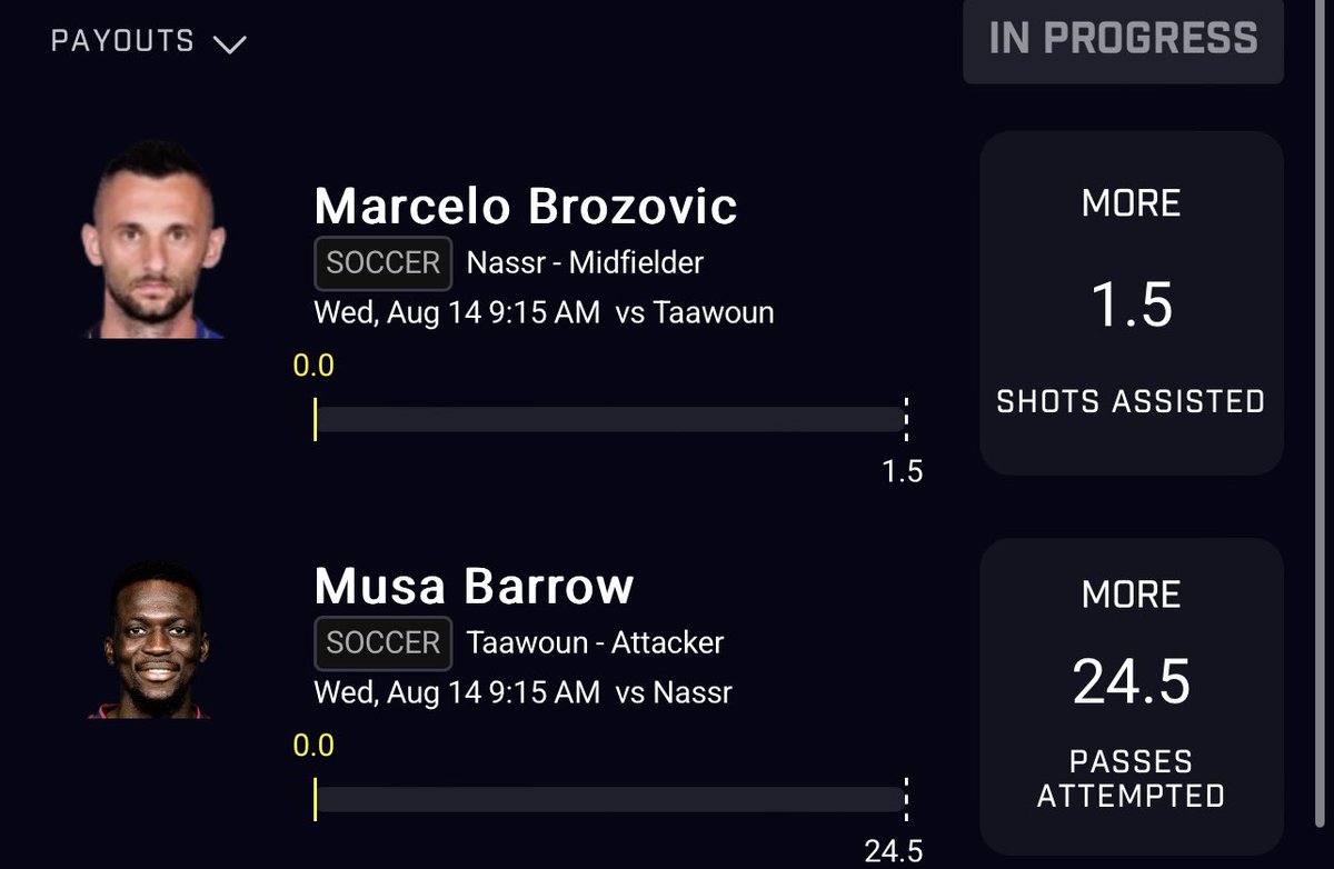 WeeniesPicks's tweet photo. EARLY SOCCER 2 LEG : 

Marcelo Brozovic - Over 1.5 Shots assists
Musa Barrow - Over 24.5 Passes https://t.co/5GY8rK88cn