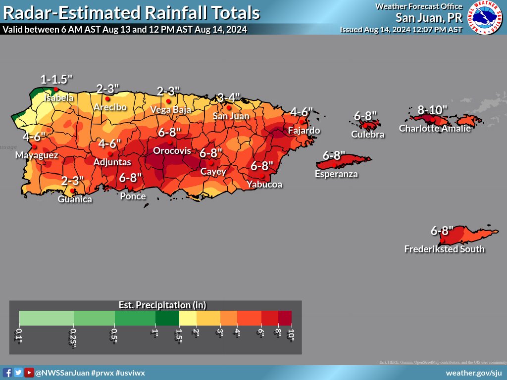 12 PM AST Aug 14: Radar-Estimated Rainfall Totals between 6 AM Aug 13 and 12 PM AST Aug 14, 2024. | Totales de lluvia estimados por radar entre las 6 AM del 13 de agosto y las 12 PM AST del 14 de agosto de 2024. #PRwx #USVIwx