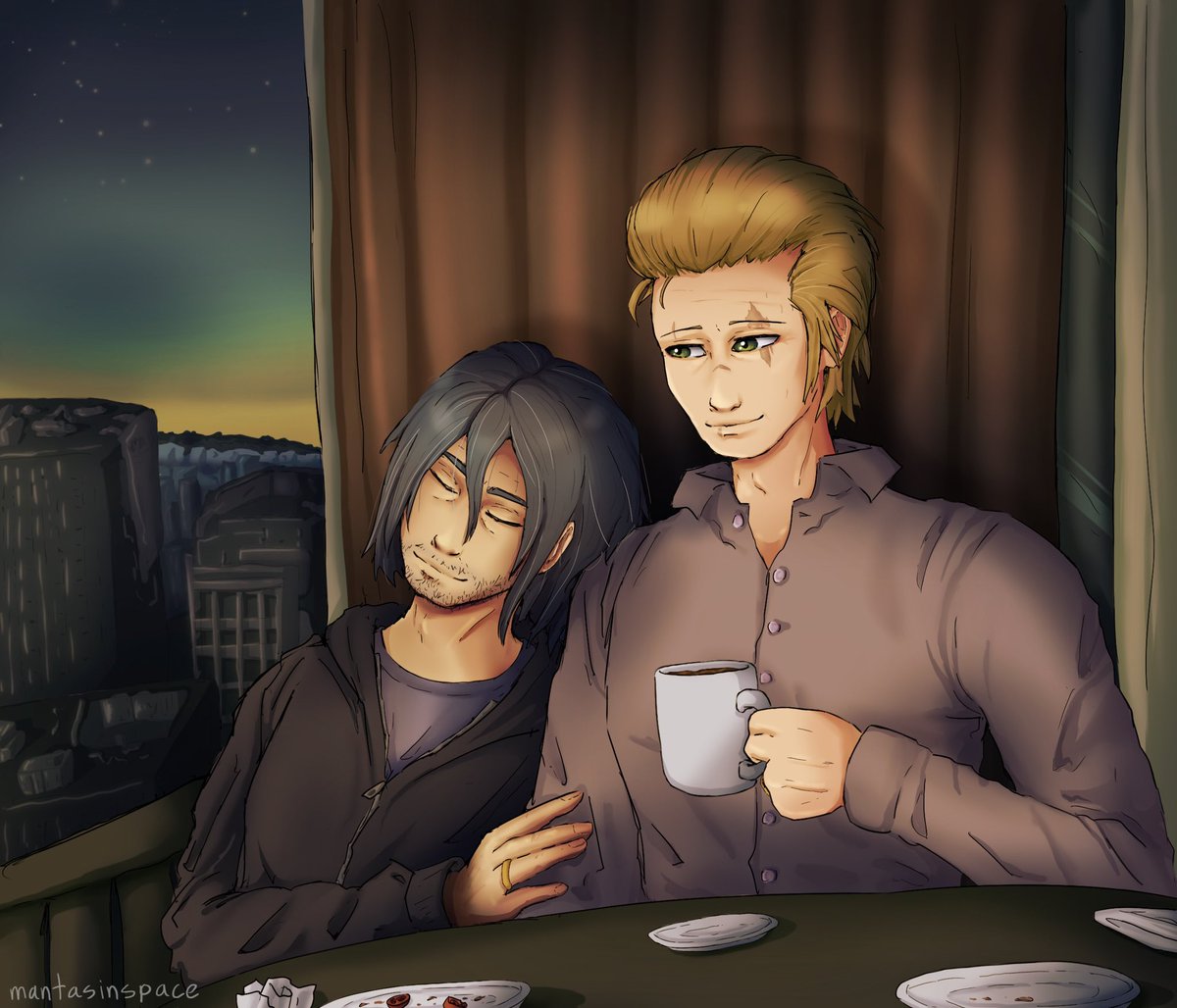 before a busy day of rebuilding insomnia, ignis and noctis enjoy a quiet morning together🌇💞@dancerfics2, happy ignoct gift exchange! I hope you enjoy the art💗 <a href="/ignoctgiftexch/">Ignoct Gift Exchange</a> #ffxv #ignoct