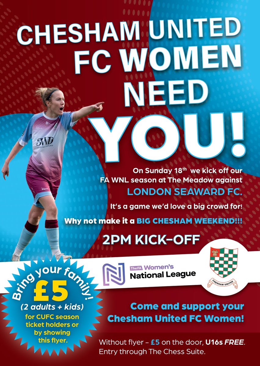 cheshamutdlfc's tweet photo. The @FAWNL is back on Sunday vs @LondonSeawardFC @ 2pm. @cheshamutdfc season ticket holders, @EveryoneActive members (#SponsorFamily) and anyone presenting this flyer can take advantage of a ‘Family for a Fiver’ (2 adults and kids). Come and join us! 💜💙💥 https://t.co/vCYf3lsfd7
