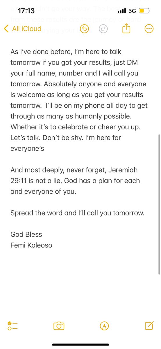 Message to all student receiving their results tomorrow, or parents of a student. I’m going to call as many of you to either celebrate your success or pick you up if it doesn’t go your way. Spread the word. Peace