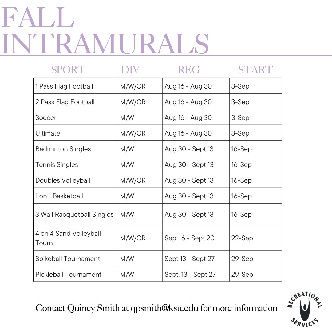 KStateRec's tweet image. Are ya&apos;ll ready?! We know we are! 💜Full Fall Intramural Schedule is here! Registrations taken through IM Leagues!
#kstaterec #intramurals
