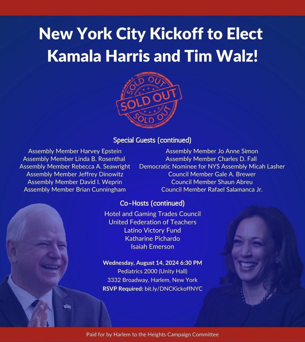 mrortegany's tweet photo. #ThankYou to our event co-hosts, host committee, #UnionStrong labor partners, and everyone who shared the flyer, told a friend & called a family member to support the #SoldOut #HarrisWalz2024🇺🇸 NYC kickoff happening later tonight at #UnityHall in Harlem! 💪🏽#LetsGetToWork https://t.co/JQ0HB5ewC9