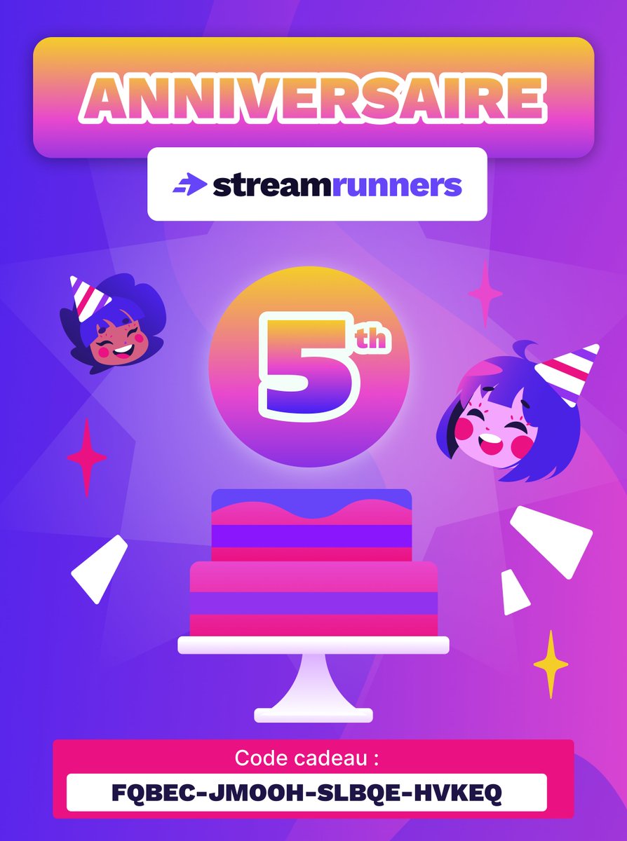 🎂 StreamRunners fête ses 5 ans !
  
Merci à notre incroyable communauté pour son soutien au fil des ans 💖 

🎁Pour célébrer cet anniversaire, voici un pack d'une valeur de 10 € : 

🎟️FQBEC-JMOOH-SLBQE-HVKEQ

ANNONCE : Un live Anniversaire prévu fin Août avec toute l'équipe !💪