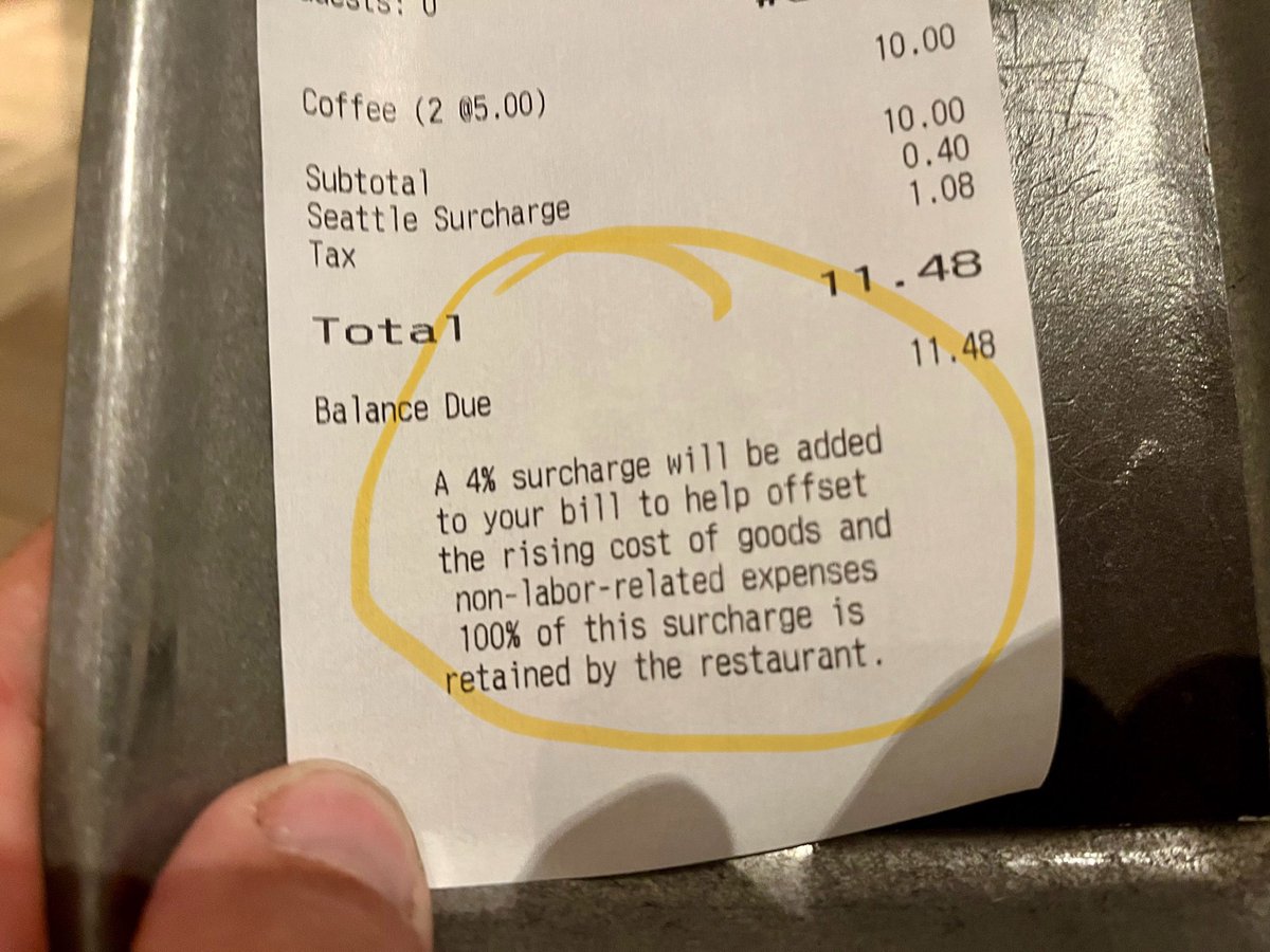 First experience with a restaurant adding 4% to bill as a surcharge for rising costs.  Compliment this with the 18% standard tip feature and I can appreciate why less people want to eat out.