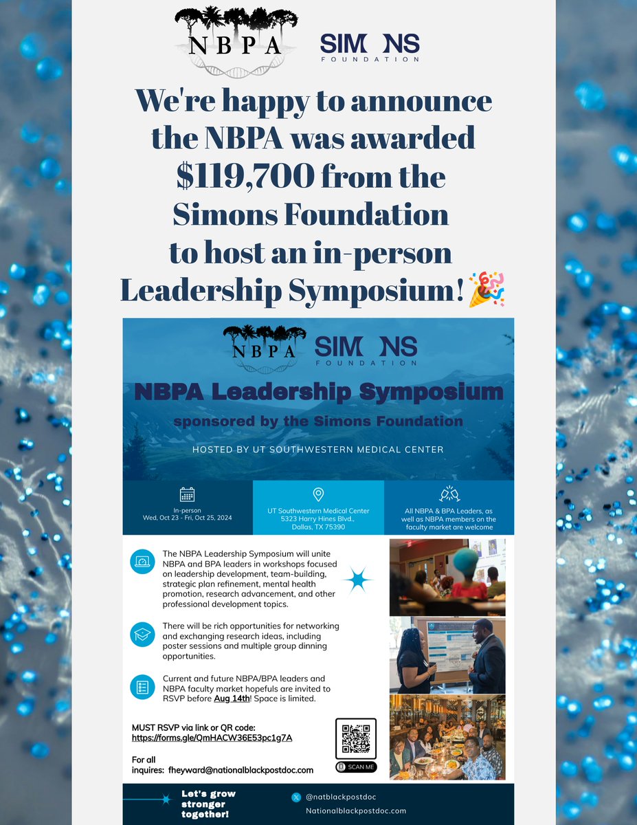 National Black Postdoctoral Association (NBPA) (@natblackpostdoc) on Twitter photo We're thrilled to announce that the National Black Postdoctoral Association (<a href="/natblackpostdoc/">National Black Postdoctoral Association (NBPA)</a>) was awarded $119,700 from the Simons Foundation (<a href="/SimonsFdn/">Simons Foundation</a>) to sponsor our NBPA Leadership Symposium this fall at <a href="/UTSWMedCenter/">UT Southwestern Medical Center</a>! 🙌🏾✨ We're thrilled to announce that the National Black Postdoctoral Association (<a href="/natblackpostdoc/">National Black Postdoctoral Association (NBPA)</a>) was awarded $119,700 from the Simons Foundation (<a href="/SimonsFdn/">Simons Foundation</a>) to sponsor our NBPA Leadership Symposium this fall at <a href="/UTSWMedCenter/">UT Southwestern Medical Center</a>! 🙌🏾✨