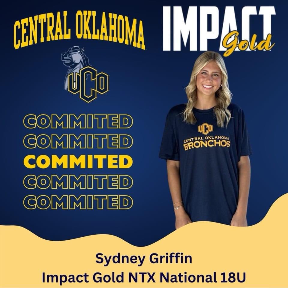 Congrats to Sydney Griffin and family as she commits to University Central Oklahoma to continue her education and athletic career.  Sydney plays on our Impact Gold National 18U NTX team.