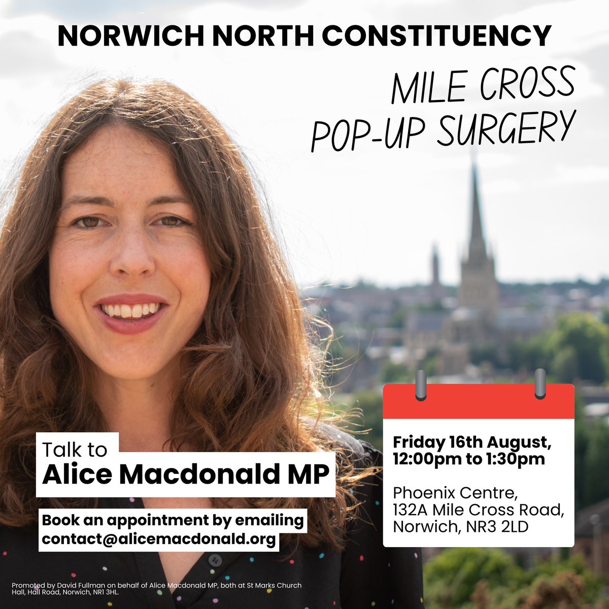 Alice Macdonald MP (@alicemlabour) on Twitter photo My second surgery is this Friday from 12 in Mile Cross. Iāll be joined by local councillors.
To book an appointment please email contact@alicemacdonald.org My second surgery is this Friday from 12 in Mile Cross. Iāll be joined by local councillors.
To book an appointment please email contact@alicemacdonald.org