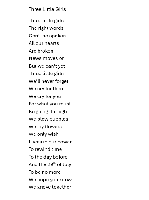 JohnKeithUK's tweet photo. My daughter Isobelle has written this poem in tribute to the young victims of the Southport tragedy and their families.

#SouthportTogether https://t.co/A0qxJl9YTV
