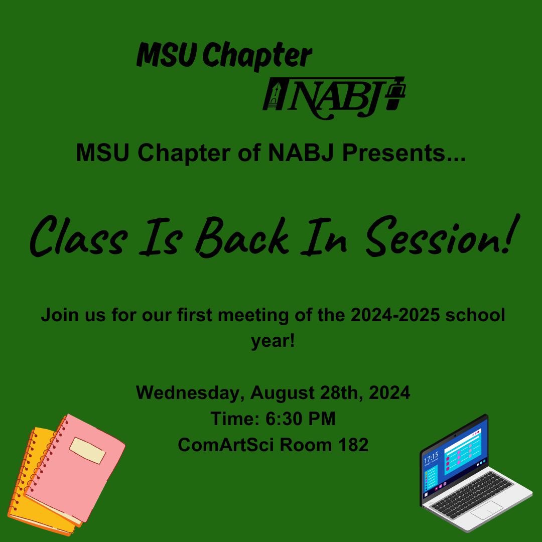 We’re back and excited to kick off the school year with our first general meeting on August 28th at ComArts! Come connect with fellow members, hear about our upcoming events, and find out how you can get involved this semester. We can’t wait to see you there! 🎉#msunabj #MSU