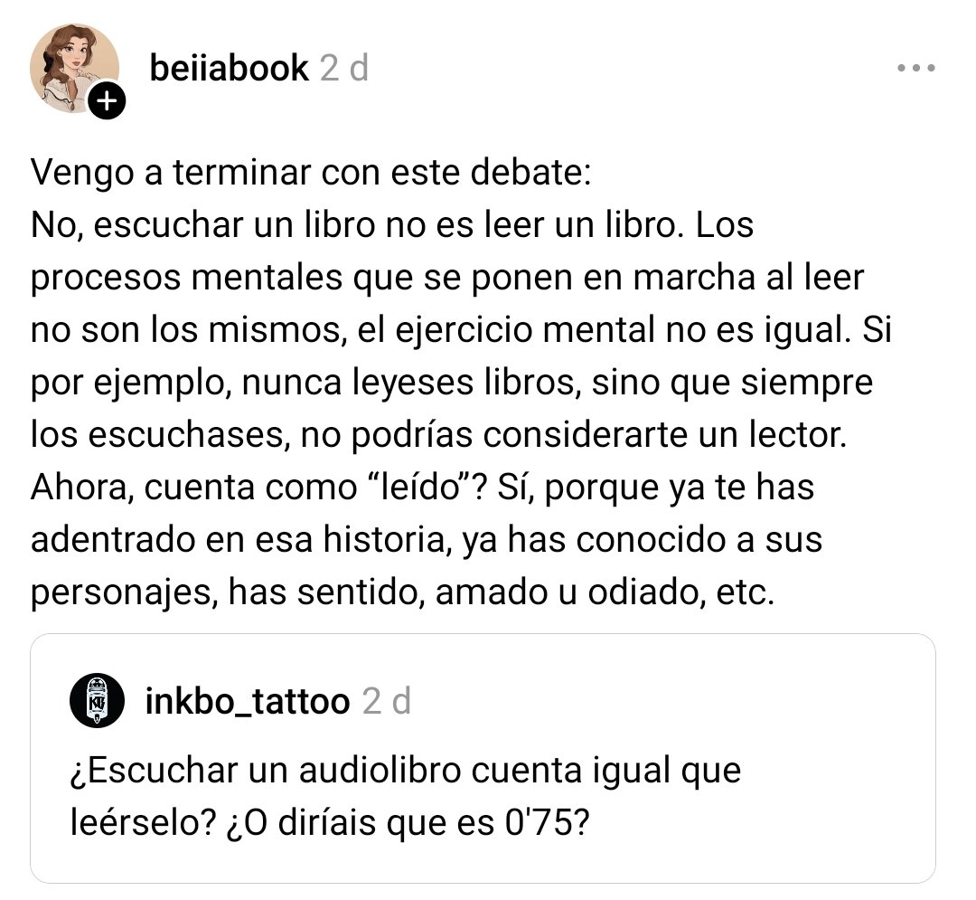 jedsvinyl's tweet image. Se ha generado un debate grande en threads acerca de los audiolibros debido a esta chica y yo quiero saber por aquí qué piensan ustedes? 👀
El que haya dicho que no deberían considerarse lectores los que escuchan audiolibros, sí está fuerte 🫠 pero a la vez le encuentro sentido