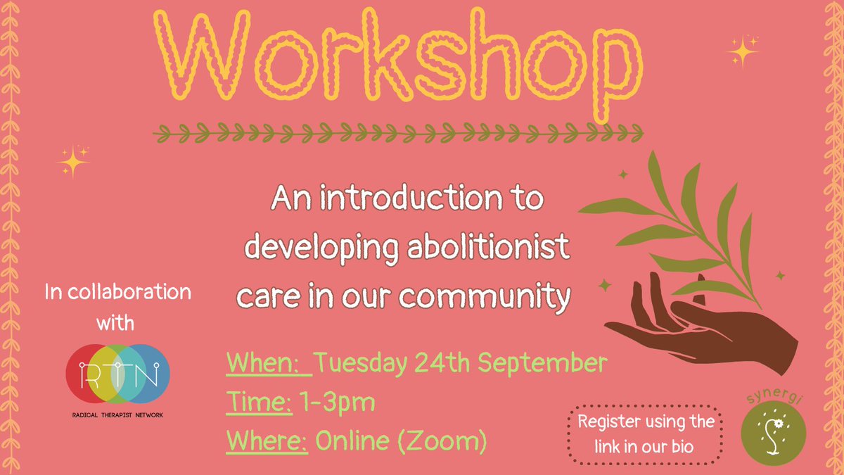 We are hosting a free workshop about abolitionist care led by Sage M Stephanou (they/them) founder &amp; director <a href="/RadTherapistNet/">Radical Therapist Network</a>  
When: Tuesday 24th September    
Time: 1-3pm    
Where: Online (Zoom)   
🔗Register your place in our bio
 #abolition #mutualaid #care #bpoc
@nsunnews