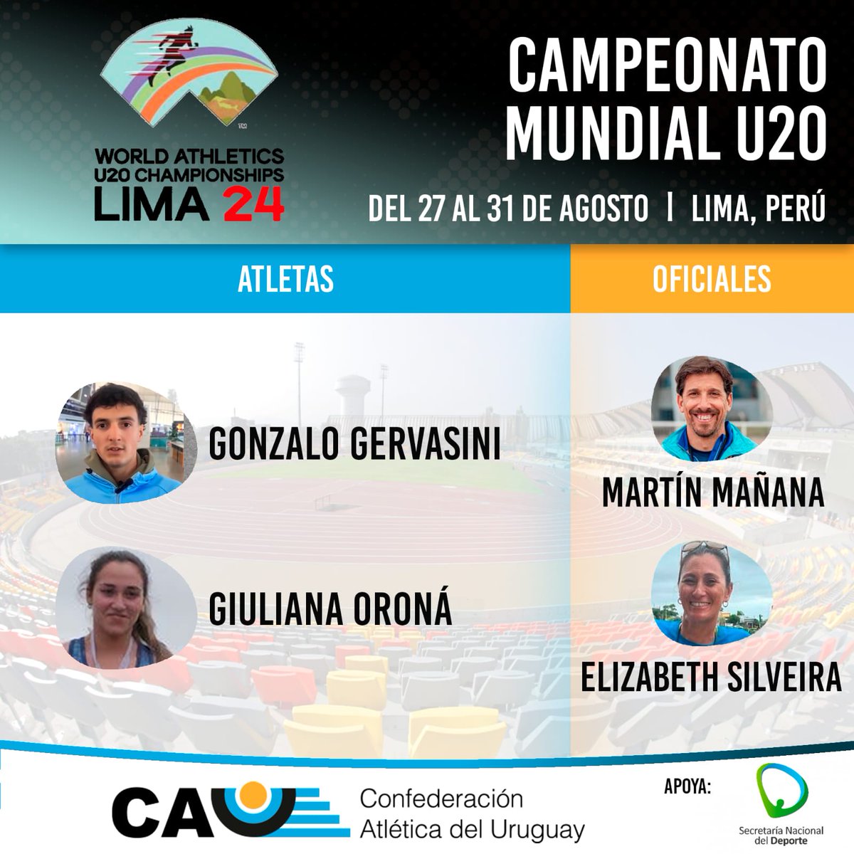 AtletismoCAU's tweet photo. Éxitos a la delegación uruguaya que estará compitiendo en el Campeonato Mundial de Atletismo U20, a realizarse en Lima, Perú del 27 al 31 de agosto.

Gonzalo Gervasini competirá en 1500m y Giuliana Oroná lo hará en 400m.

Vamos 🇺🇾

#atletismoCAU https://t.co/ORT4zM9hKW