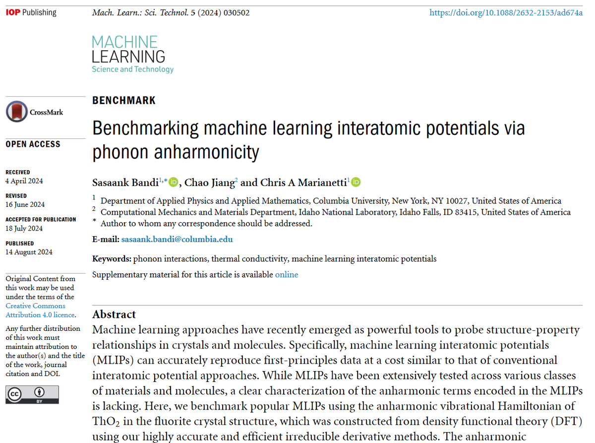 MLSTjournal's tweet photo. Great new work by Chris A Marianetti et al @APAMMSECU @ColumbiaQuantum @PhysicsColumbia @Columbia @INL - 'Benchmarking #machinelearning #interatomic potentials via #phonon anharmonicity' - https://t.co/mdyHVCfP8h #condmat #materials #simulation #neuralnetworks #graphs #DFT #AI https://t.co/EVjWPK1s0k