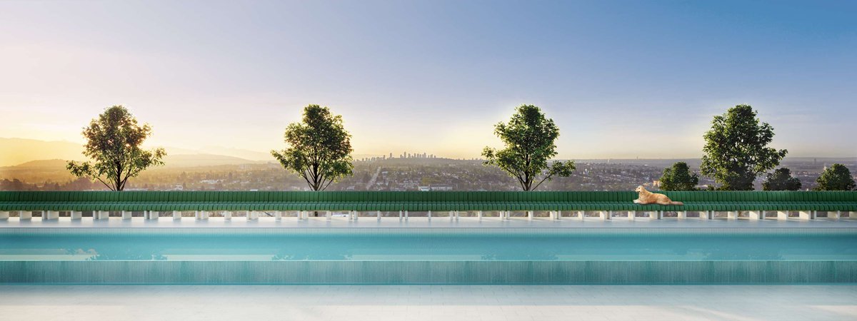 Amenity pool connecting Oakridge x Clémande with Oakridge x Westbank. 

The landscaped outdoor pool deck connects to indoor amenities with a custom-designed B&amp;B Italia bench that runs the length of the 25-metre pool.