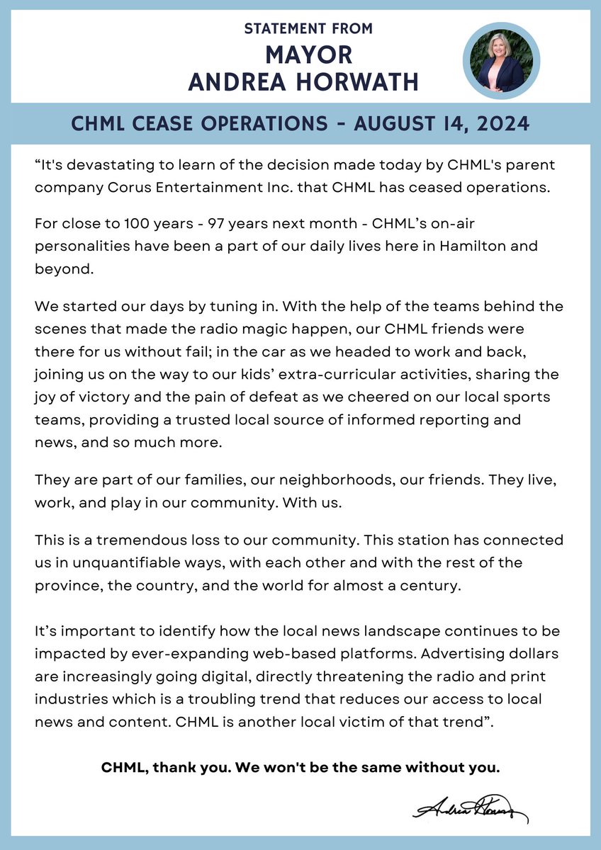 It’s devastating to learn of the decision made today by CHML's parent company Corus Entertainment Inc. that CHML has ceased operations.