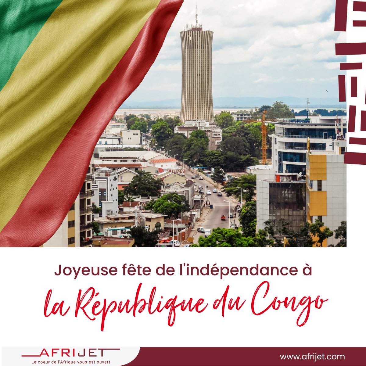🇨🇬 Le 15 août marque l’indépendance de la République du Congo. 
En cette occasion spéciale, Afrijet souhaite une joyeuse fête nationale à tous les Congolais et Congolaises ! 

#Afrijet #FêteNationaleCongo