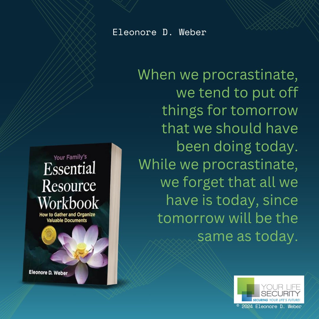 Procrastinating today? Don't let tomorrow be the same! Plan ahead with our Your Family's Essential Resource Workbook and enjoy peace of mind now. 

bit.ly/FamilyResource…
#PlanAhead #PeaceOfMind #EstatePlanning #FamilyFirst #TodayMatters #EssentialPlanning #WritersLift