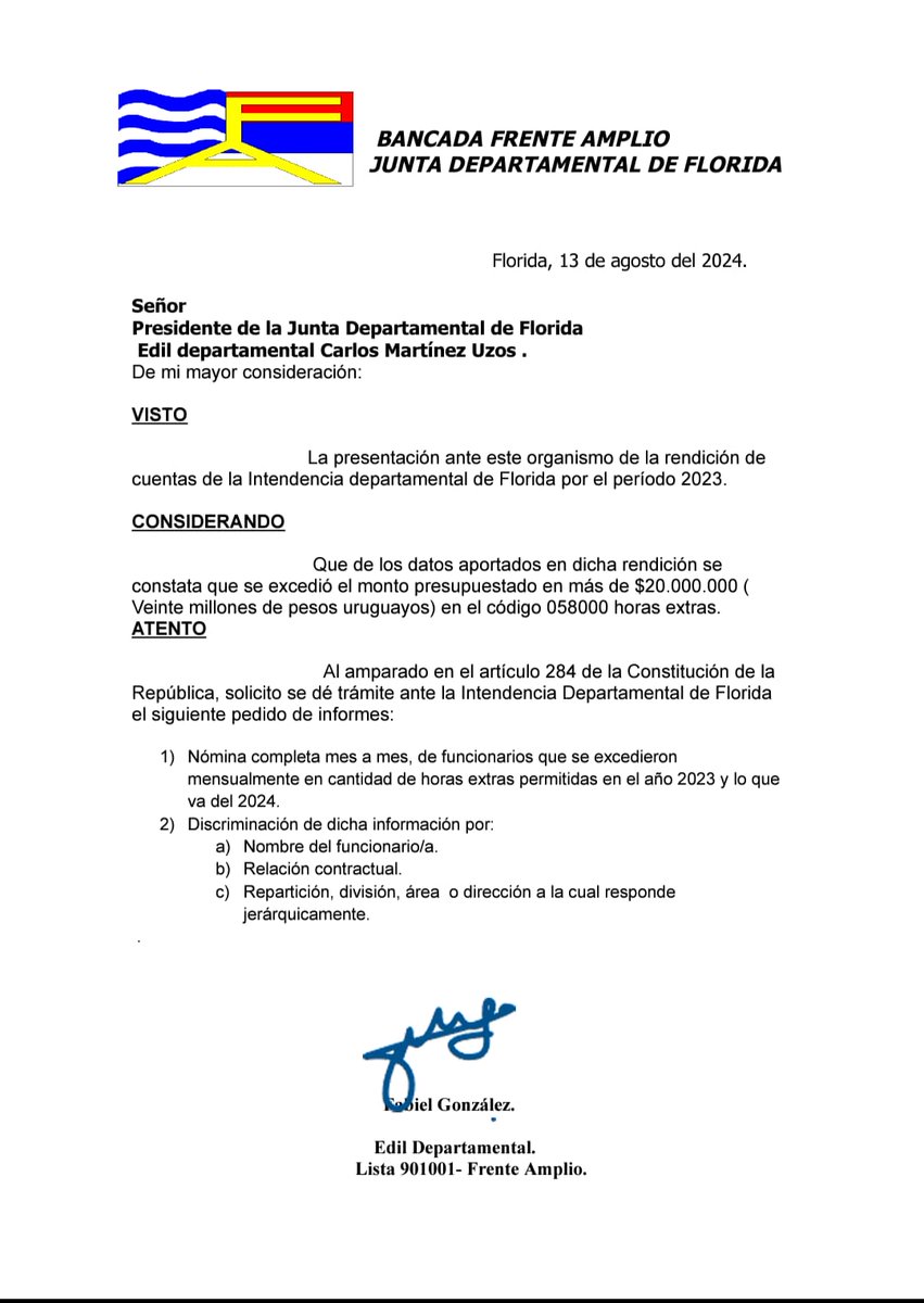 El edil del <a href="/fafloridauy/">Frente Amplio Florida</a> <a href="/FabielG/">Fabiel gonzález</a> elevó pedido de informes en la <a href="/JuntaFlorida/">Junta Departamental de Florida</a> para conocer el detalle de horas extras realizadas por la <a href="/FloridaIDF/">Intendencia de Florida</a> tras recibir la rendición de cuentas del año 2023.