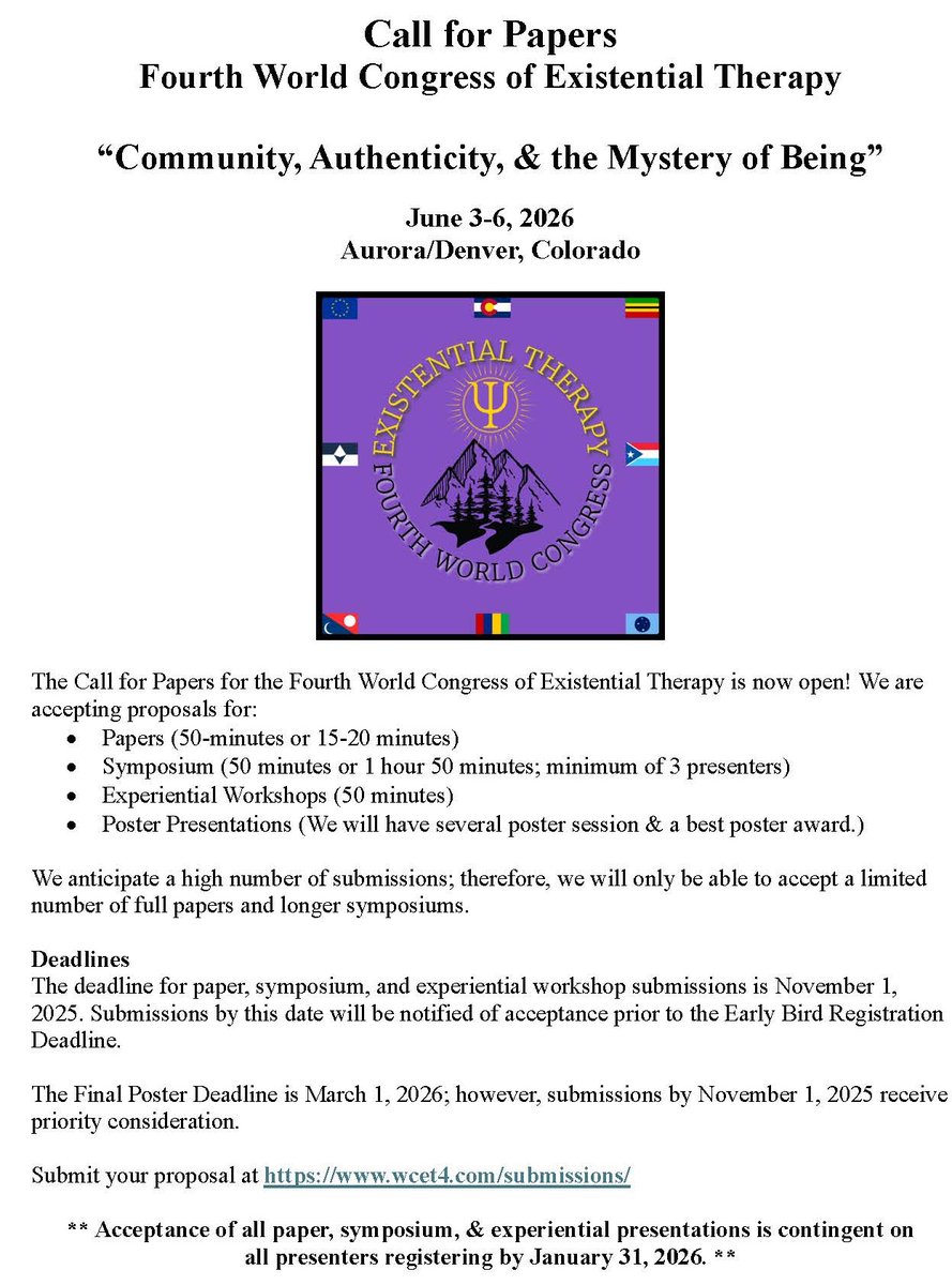The Fourth World Congress of Existential Therapy Call for Papers is now open!! Submit your proposal at wcet4.com/submissions/

#existential #psychology #logotherapy #meaning #authenticity #mysteryofbeing <a href="/rmhcpa_psych/">Rocky Mt. Humanistic Counseling & Psych Assoc</a>