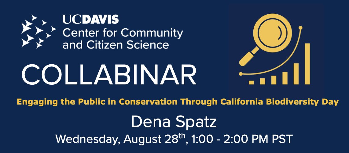 UC Davis Center for Community and Citizen Science (@ucdavisccs) on Twitter photo We are so excited to announce the next Collabinar event is Aug 28 from 1-2 PM PST! Learn about ways <a href="/CaliforniaDFW/">California Department of Fish and Wildlife</a> is leveraging community science for critical conservation issues with Dena Spatz. Register here: education.ucdavis.edu/post/collabina… We are so excited to announce the next Collabinar event is Aug 28 from 1-2 PM PST! Learn about ways <a href="/CaliforniaDFW/">California Department of Fish and Wildlife</a> is leveraging community science for critical conservation issues with Dena Spatz. Register here: education.ucdavis.edu/post/collabina…