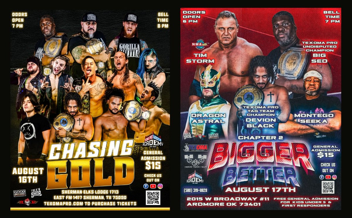 TexomaPro's tweet photo. 🚨We are DAYS away from our 💥TWO💥 action-packed events!!!

Chasing Gold 
🪙 Friday, August 16th
🪙 Sherman Elks Lodge #2280 
🪙 Doors open at 7pm, Bell rings at 8pm
Bigger, Better 
👊 Saturday, August 17th
👊 Metroflex Ardmore 
👊 Doors open at 6pm, Bell rings at 7pm https://t.co/V02aCq5CEp