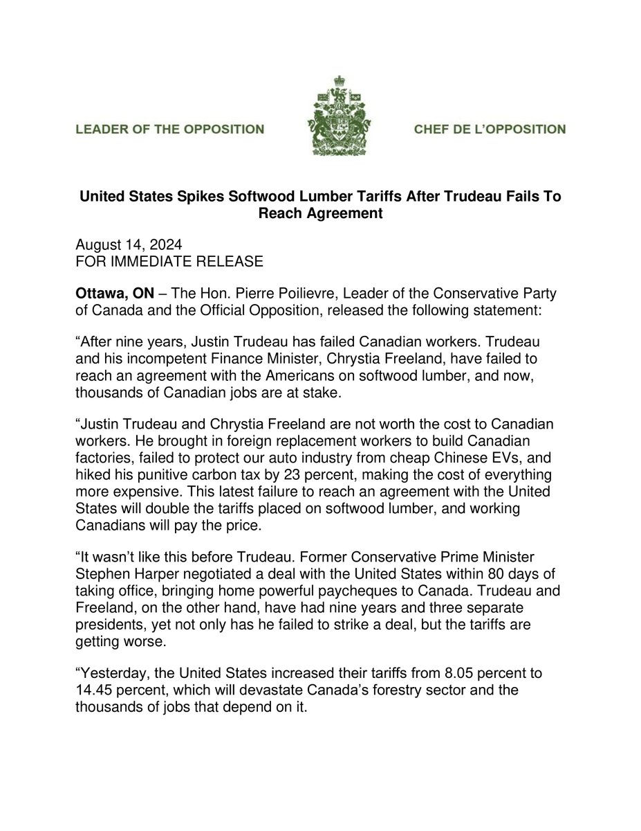 PierrePoilievre's tweet photo. Trudeau/Freeland get bulldozed by the Americans again as they double the softwood lumber tariffs and kill Canadian lumber jobs.

Harper ended softwood lumber tariffs 80 days after becoming PM. The Americans slapped them back on under Trudeau/Freeland and 9 years and 3 presidents later, Liberals have not been able to get a deal. 

Fire Liberals. Get a deal. Bring home our paycheques.