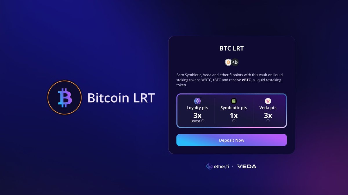 Announcing the Bitcoin LRT vault! Our Bitcoin LRT gives  https://t.co/WT8phhpg35 users an easy onboarding into restaking with BTC.  Our first partner is @symbioticfi! We will continue to onboard new partners  including @eigenlayer