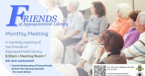 AppoLibrary's tweet image. The monthly meeting of the Friends of Appoquinimink Library. All are welcome!
8/28, 6:30pm. Adults.
#AppoquiniminkLibrary #ncclibraries #DELibraries #nccdelibraries