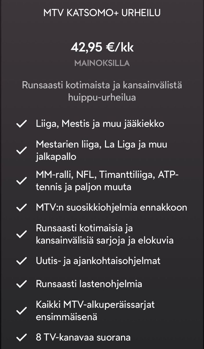 ladalahtinen's tweet photo. Mitä ajatuksia MTV Katsomon uudet hinnat herättävät? 🤔 #Liiga #LaLigafi UCLfi #NFLfi #yleisurheilu https://t.co/k5HipUwzvP