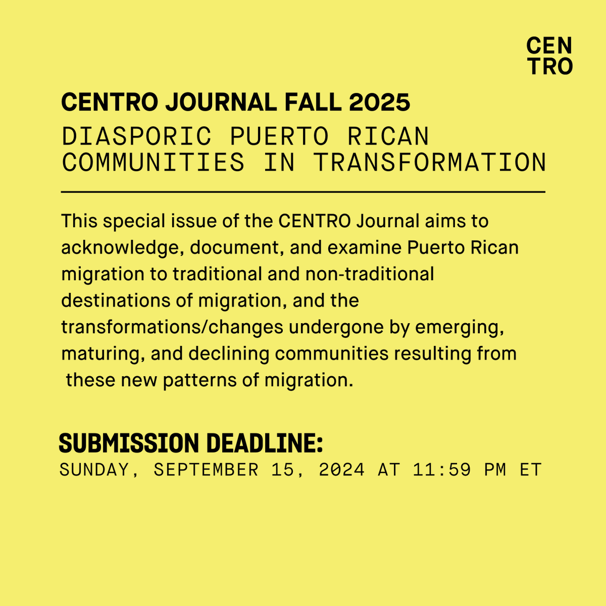 CentroPR's tweet photo. 📢 Exciting news! CENTRO Journal is calling for papers on Puerto Rican migration to traditional and new destinations like NYC, Florida, &amp; Ohio. Explore community transformation, economic integration, &amp; more. Submit by, September 15, 2024. → https://t.co/H9qxRD6Mn5 https://t.co/MlZNYjAY1X
