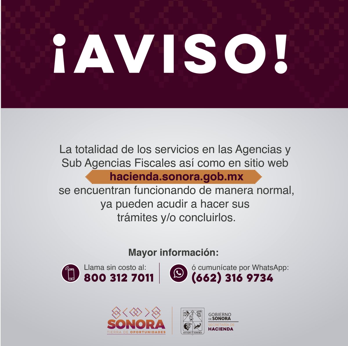 hacienda_sonora's tweet photo. La Secretaría de Hacienda informa que sus sistemas están restablecidos y operan con normalidad. Todos los servicios están disponibles en línea y de forma presencial en cualquiera de las 27 Agencias y Sub Agencias Fiscales del Estado
☎️ 800 312 70 11  
📱WhatsApp (662) 316 97 34 https://t.co/g96OZZipDl