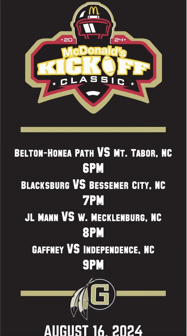 We will play first (6pm) in the McDonald’s Kickoff Classic vs. Mt. Tabor, NC at Gaffney High School on Friday, August 16th. Address is 149 Twin Lake Rd, Gaffney, SC 29341. #tpw #thebestisyettocome