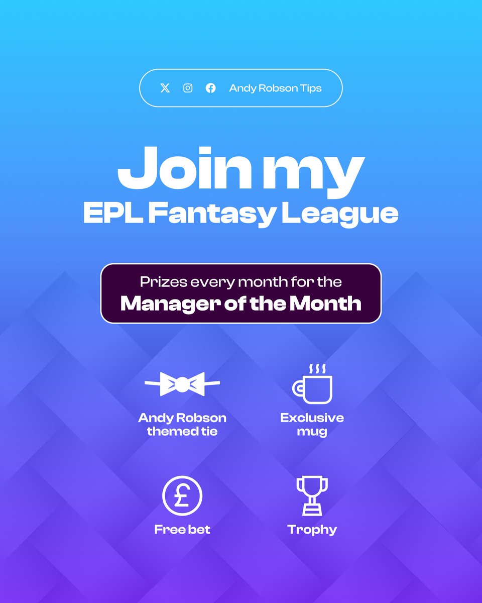 AndyRobsonTips's tweet image. 🔮 MY EPL FANTASY LEAGUE IS HERE!

Join: bit.ly/Join-FPL

I wanted to make things more exciting, so each month I'll pick out 'Managers of the Month' and they'll get an exclusive mug, tie, free bet and an engraved trophy.

Let me know once you've joined.