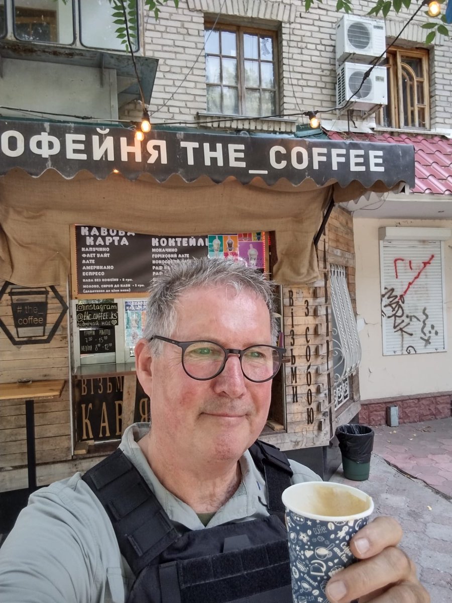 Ukraine contrast. Drinking cappuccino 5km from the Russian front in Kherson. You can hear the shells detonating a few streets away. We got permission from the local commander to film the effect's of war, and he gave us a chilling warning; watch out for drones.