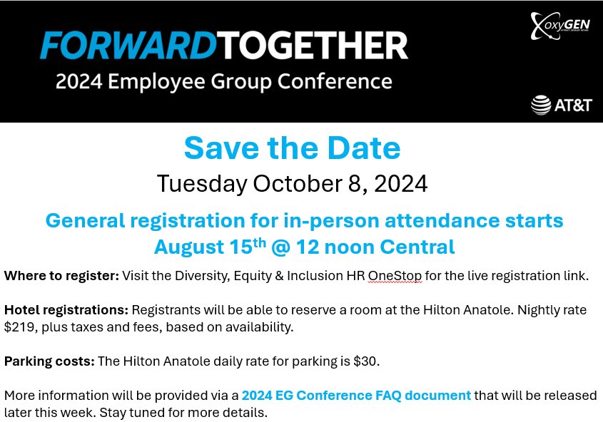 The Employee Group Conference is coming to Dallas, TX on October 8th! 🗓️✨ Mark your calendars and set your alarms—registration opens on August 15th at 12 PM Central on the DEI website lnkd.in/ex7rf_Q. ⏰🔥 It's first come, first serve, so don’t miss out!
#oxyGENDFW