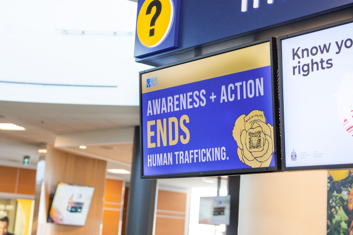 yvrairport's tweet photo. YVR is proud to support @NIMCAlly's #SeeingYellow Campaign. From donation matching through the YVR Cares Social Impact program, to signage, stickers and training in our terminal, we are committed to raising awareness for human trafficking and sexual exploitation. https://t.co/KTYdc8Mbtd