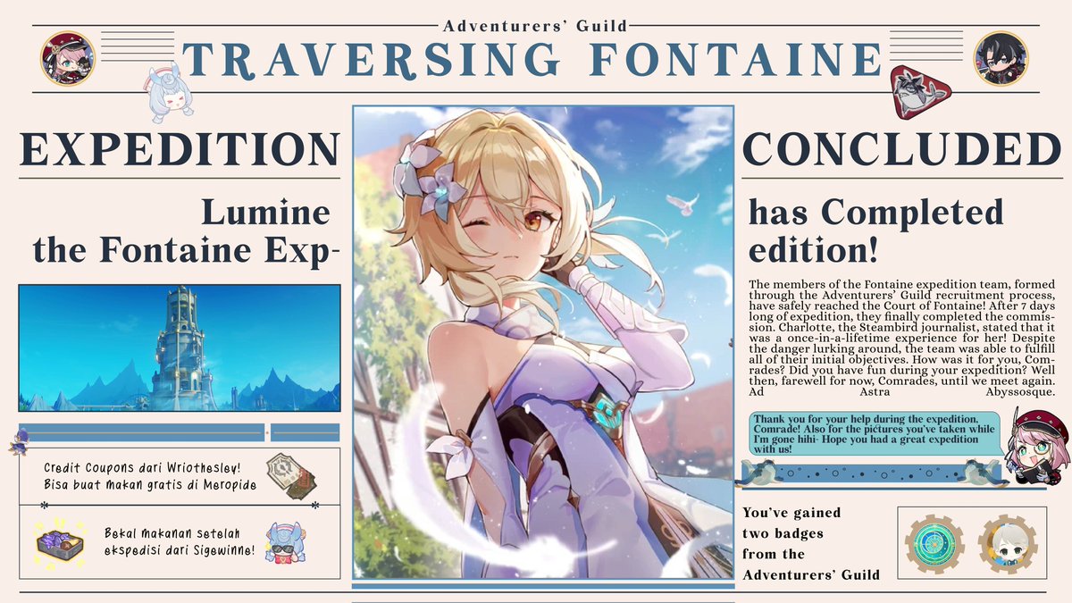 It was truly an honor for me, Lumine, to be a member of the Fontaine expedition team! The leaders and my fellow comrades have provided invaluable guidance. Although we must part ways now, I look forward to reuniting with everyone in the near future!