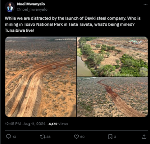 Claim: Images depicting the ongoing mining activities in Tsavo National Park, Taita Taveta.

Fact Check: No, this isn’t Tsavo National Park being mined; it’s actually Galana Ranch.