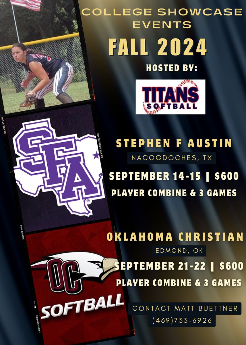 Titans Softball is hosting a few college camps and combines this fall - All on site at the colleges.  We still have openings for a couple teams at Oklahoma Christina in September.  Please reach out to Coach Matt Buettner