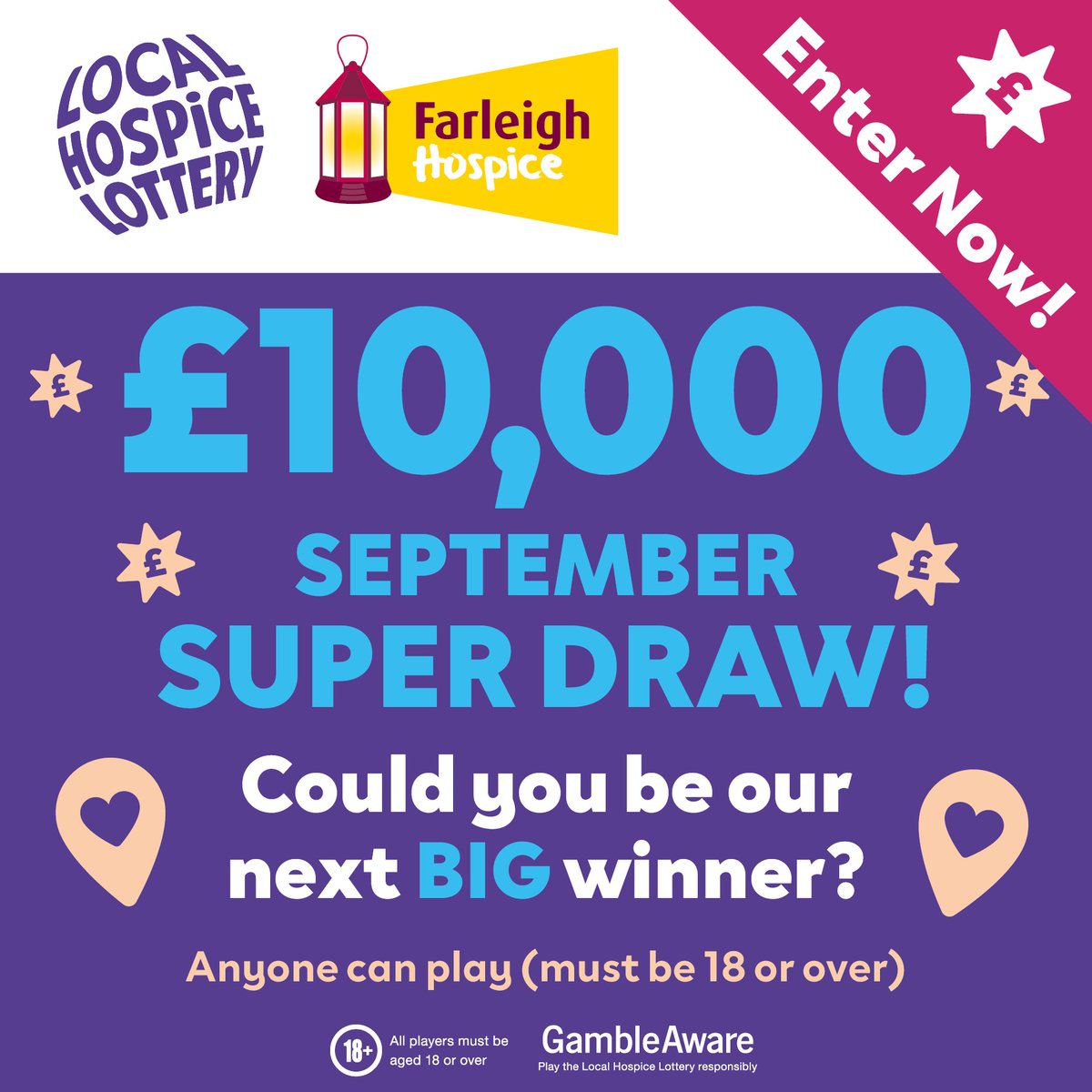 FarleighHospice's tweet photo. WIN £10,000! 🎉 In the next Local @Hospice_Lottery Super Draw!

We are proud to partner with the Local Hospice Lottery, who provide us with regular monthly income 🤩

The Super Draw takes place on 30 September, and you can buy your entries here: https://t.co/rZUaEo61eb 💜 https://t.co/BcyTUiQ3q2