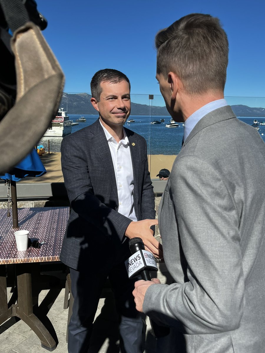 jmmeny's tweet photo. U.S. Transportation Sec. Pete Buttigieg is the keynote speaker at the 2024 Lake Tahoe Summit today. A big topic of discussion is maintaining strong infrastructure to handle increased tourism and fire danger in the basin. We got a pull aside with Sec. Buttigieg. More @ktvn_reno https://t.co/GpBTEaGrdJ