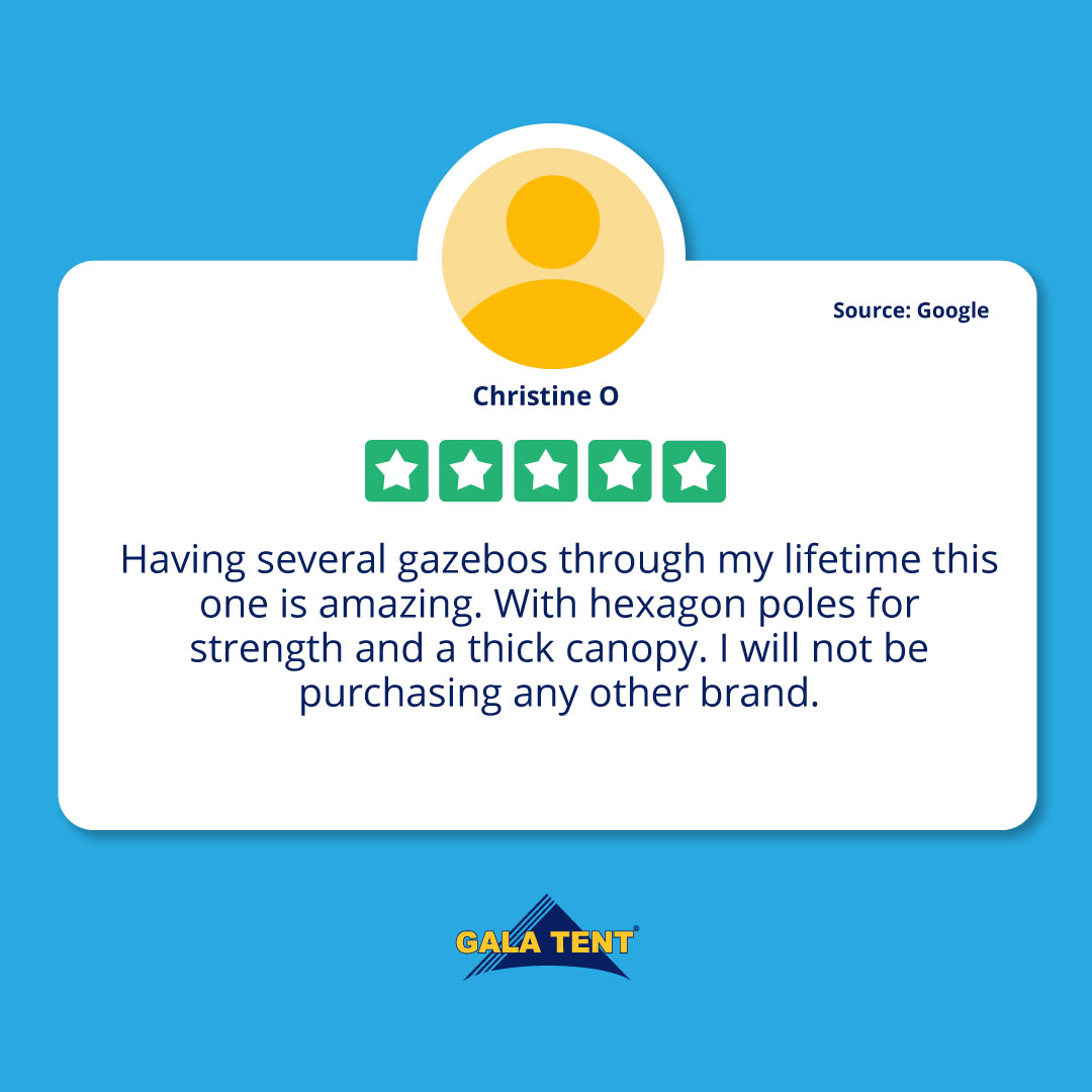 That's one thrilled customer!!!⭐⭐⭐⭐⭐

"Having several gazebos through my lifetime this one is amazing. With hexagon poles for strength and a thick canopy. I will not be purchasing any other brand."

We're all very happy to hear that you're satisfied with our products!📚🌟