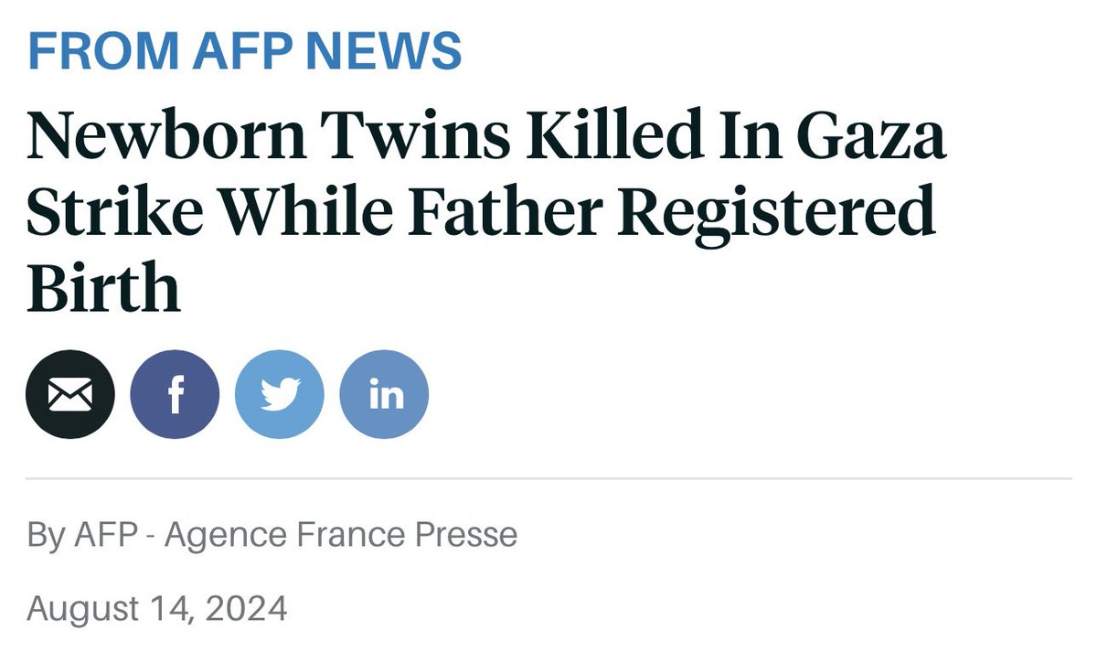 The story of Aysel and Asser, 4-day old Palestinian twins killed with their mother by an Israeli airstrike while their father went to get their birth certificates, is another horrific example of Israel’s atrocities in Gaza.

Yet multiple Western outlets failed to mention *Israel*