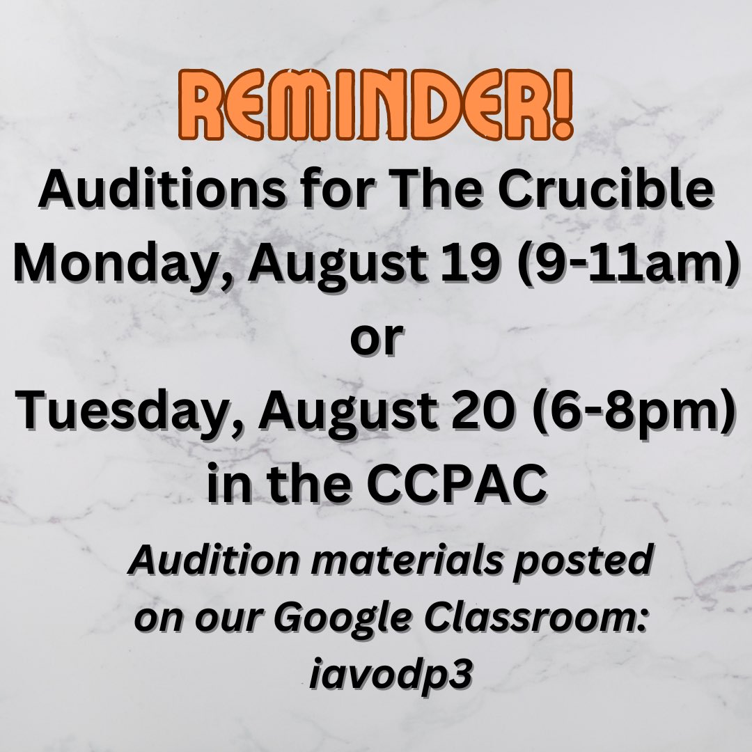 Reminder! Auditions are Monday &amp; Tuesday &amp; open to all 9-12 students! <a href="/CCCSDFineArts/">CCCSD Fine Arts</a> <a href="/CCCSD_SHS/">Churchville-Chili HS</a> <a href="/CCCSDtweets/">Churchville-Chili Central School District</a>