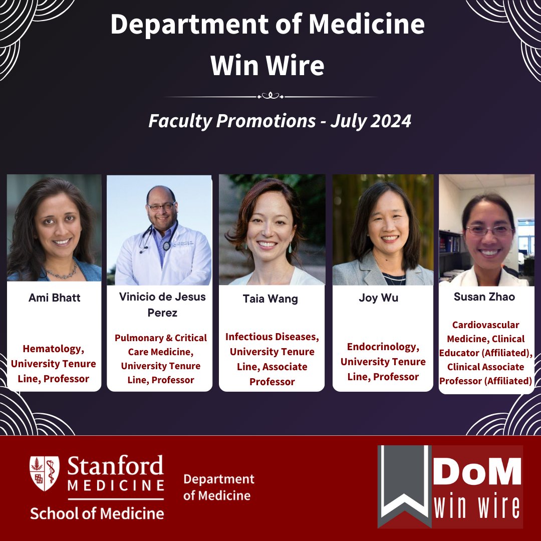 Stanford Department of Medicine (@stanforddeptmed) on Twitter photo 🎉 A huge congratulations to our newly promoted faculty members, <a href="/AmiBhattMD/">Ami Bhatt, MD</a> (<a href="/StanfordHeme/">Stanford Hematology Division</a>), <a href="/viniciodjperez/">Vinicio de Jesus Perez, MD FAHA FCCP ATSF</a> (<a href="/StanfordPACCM/">Stanford PACCM</a>), <a href="/LabTaia/">Taia Wang Laboratory; @wanglaboratory.bsky.social</a> (<a href="/Stanford_Med_ID/">Stanford Medicine Infectious Diseases</a>), <a href="/JoyYWu/">Joy Wu, MD, PhD</a> (<a href="/StanfordEndo/">Stanford Endocrinology</a>) & Susan Zhao (<a href="/StanfordCVI/">Stanford CVI</a>)! 🎉 A huge congratulations to our newly promoted faculty members, <a href="/AmiBhattMD/">Ami Bhatt, MD</a> (<a href="/StanfordHeme/">Stanford Hematology Division</a>), <a href="/viniciodjperez/">Vinicio de Jesus Perez, MD FAHA FCCP ATSF</a> (<a href="/StanfordPACCM/">Stanford PACCM</a>), <a href="/LabTaia/">Taia Wang Laboratory; @wanglaboratory.bsky.social</a> (<a href="/Stanford_Med_ID/">Stanford Medicine Infectious Diseases</a>), <a href="/JoyYWu/">Joy Wu, MD, PhD</a> (<a href="/StanfordEndo/">Stanford Endocrinology</a>) & Susan Zhao (<a href="/StanfordCVI/">Stanford CVI</a>)!