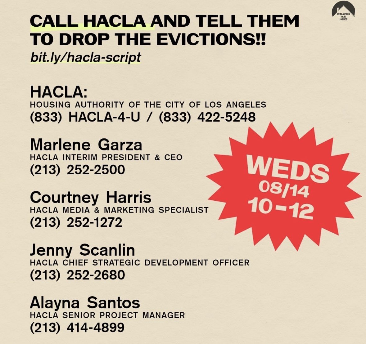RIGHT NOW:
The Reclaimers in El Sereno are STILL facing violent evictions from <a href="/CaltransHQ/">Caltrans HQ</a> and <a href="/HACLA1938/">HACLA</a>

We need folks to flood the phone lines before HACLA’s board commissioners meeting to demand they drop the evictions &amp; keep them in their homes!
bit.ly/hacla-script