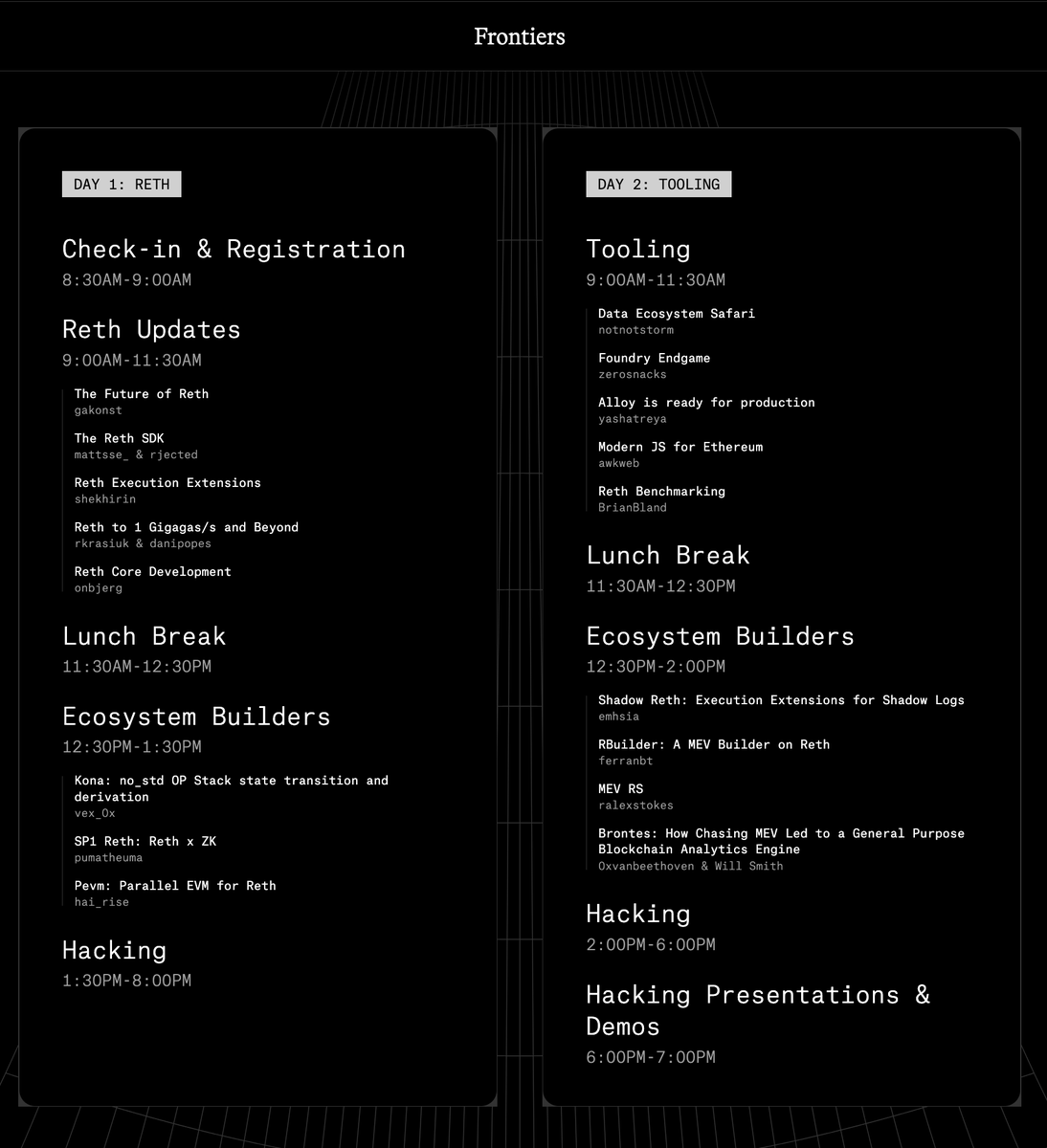 Frontiers is right around the corner!

We have a stacked list of speakers from our own team and from externals building open source software across the entire stack, for the future of bleeding edge crypto tech.

See below for a fun list of other things happening this week.