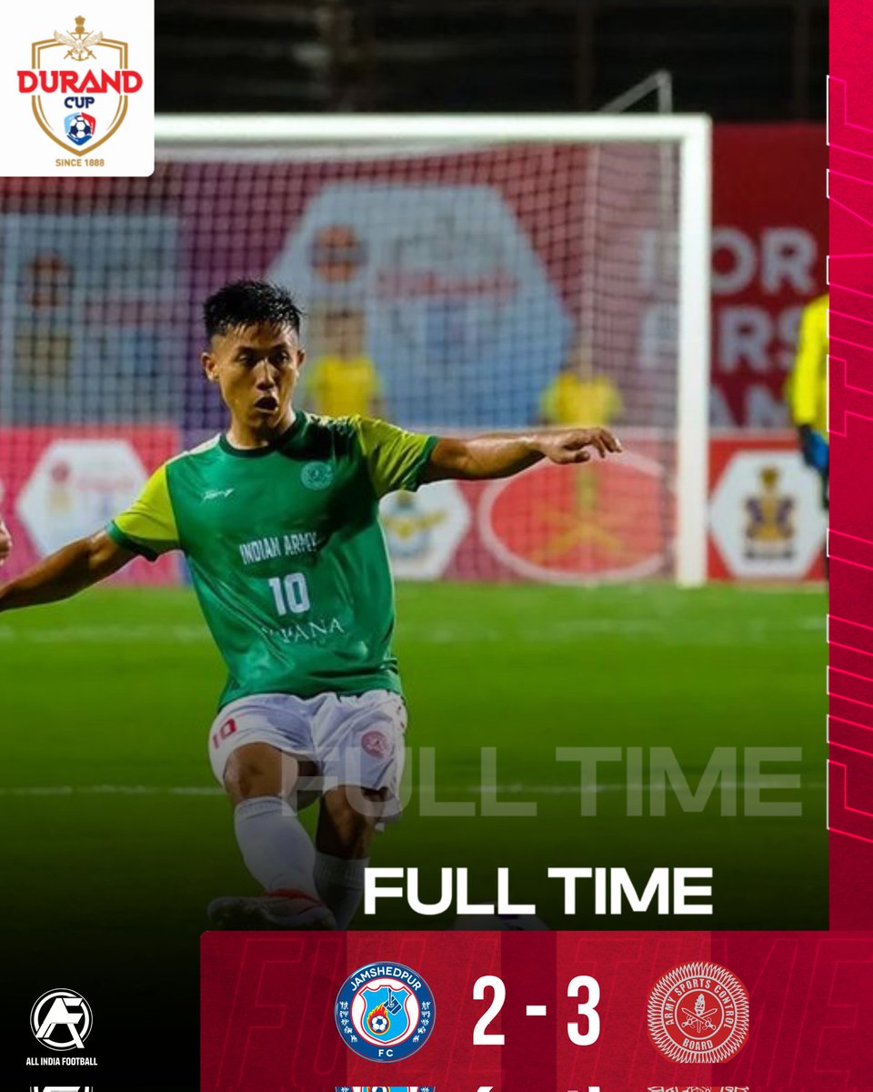 AllIndiaFtbl's tweet photo. Jamshedpur FC lost to Indian Army FT in a thrilling match!
Jamshedpur FC's 2-0 lead disappears as Indian Army FT scores 3 goals in the second half, winning 3-2!
#indianfootball #durandcup #jamshedpurfc #armyred #indianarmyft #jfc https://t.co/6UIu2XXBXi