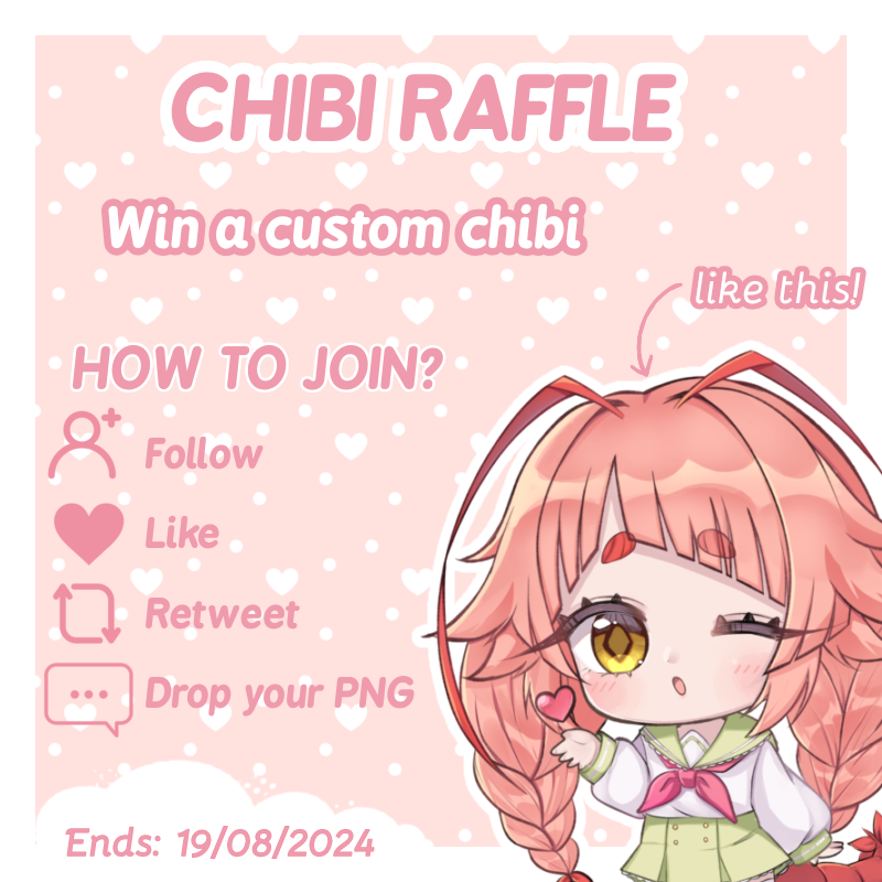 EbikoFuraiVT's tweet photo. ｡˚ ⋆🌸 CHIBI RAFFLE 🌸⋆ ˚｡  
 I'm going to do a small chibi giveaway. If more people join, there will be two winners!  
  
How to join:   
⇨ Follow✨+ Like❤️+ Retweet 🔁
⇨ Drop your OC or PNG 💬
Good Luck💖

#ArtRaffle #Giveaway #chibiart #smallArtist https://t.co/8nlI5MTcFL